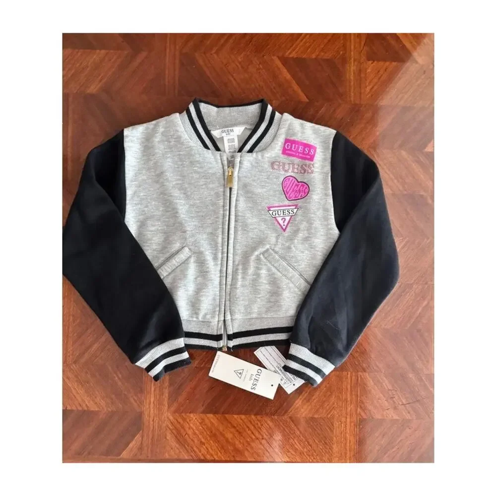Guess Kids Gray Black Varsity Zip Jacket NWT Size 6X Logo Jacket